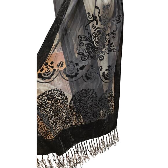 Black chiffon velour see through mixed.media elegant tassle scarf head neck EUC - Picture 2 of 4